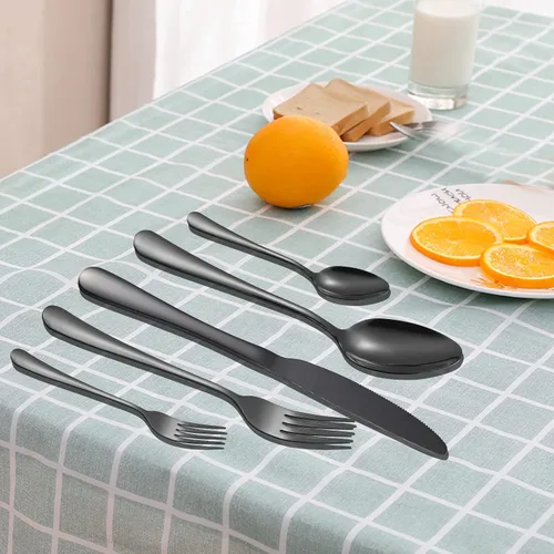 Miniatura 7 de Juego de cubiertos negros para 12 cubiertos de acero inoxidable, 60 piezas, cuchara, tenedor, cuchillo, utensilios de cocina, mango redondo ancho