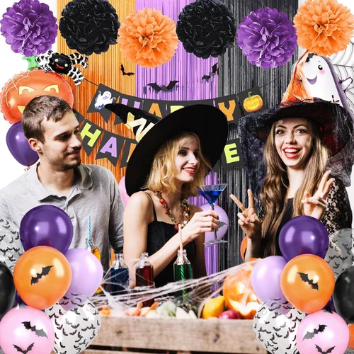 Miniatura 6 de Juego de decoraciones de fiesta morado, negro y naranja, kit de decoraciones de Halloween que incluye pancarta HAPPY HALLOWEEN, globos de papel
