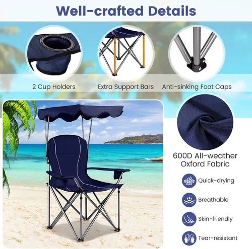 Miniatura 4 de Goplus Silla de camping con toldo plegable, con soporte para sombrilla y bolsa de transporte, silla portátil para adultos para playa, viajes al aire