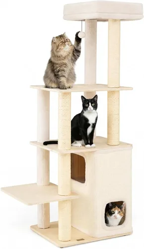 Miniatura 10 de Tangkula Torre de árbol para gatos, torre de madera moderna de varios niveles para gatos de 60 pulgadas con condominio de 2 pisos, postes rascadores