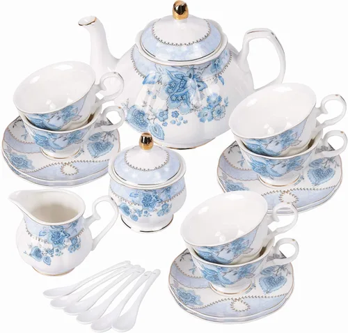 Miniatura 9 de fanquare Juego de té de porcelana con flores azules, juego de taza de té y platillo para 6, juego de té de boda con jarra de crema, juego de café