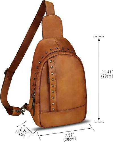 Miniatura 4 de IVTG Bolso bandolera de cuero genuino para mujer, mochila bandolera para el pecho, hombro, senderismo, vintage, hecho a mano, casual, bolso cruzado