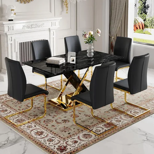 Miniatura 18 de Juego de mesa de comedor de mármol para mesa rectangular blanca de 4.63 pulgadas con marco de metal plateado en forma de X y 4 sillas de comedor