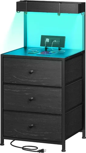 Miniatura 9 de EnHomee Mesita de noche alta con estación de carga y mesita de noche LED con 3 cajones, mesa de noche con cajones y tomas de corriente, mesita