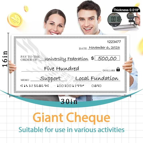 Miniatura 4 de Big Check - Cheques grandes reutilizables de 30 x 16 pulgadas para presentaciones de premios, cheque falso gigante para donaciones de dotación, Negro