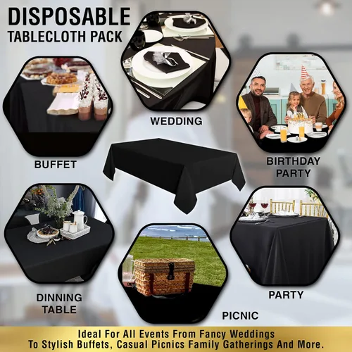 Miniatura 5 de Mantel de plástico negro desechable para fiestas, paquete de 12 unidades, manteles gruesos de plástico negro, buenos para bodas, cumpleaños, picnic