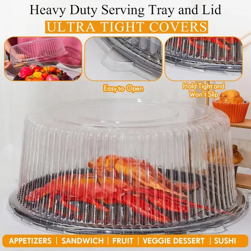 Miniatura 3 de Tessco for you 1 bandeja de servicio resistente con tapa transparente y tenedores, bandeja grande de plástico desechable para catering, plato negro