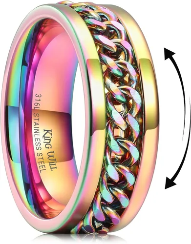 Miniatura 116 de King Will - Anillo antiestrés de acero inoxidable 316L para hombres y mujeres, con cadena decorativa giratoria, 8 mm de ancho, anillo de boda