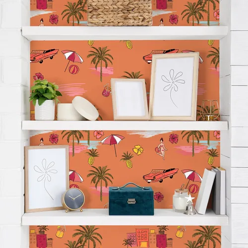 Miniatura 6 de VEELIKE Orange Island - Papel tapiz autoadhesivo para despegar y pegar, dibujado a mano, palmeras de playa de verano, papel tapiz extraíble, 17.7 x