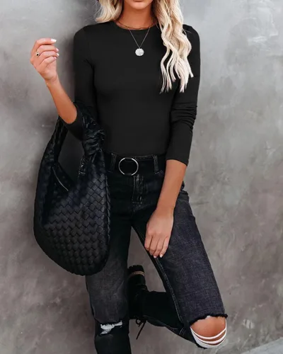 Miniatura 4 de VICHYIE Ropa de otoño para mujer, cuello redondo, acanalada, manga larga, ajustada, camiseta básica casual