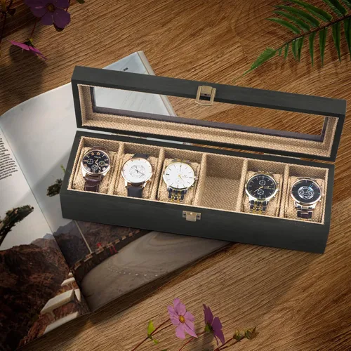 Miniatura 3 de Alsonerbay Caja de reloj con 6 ranuras para hombres y mujeres, organizador de reloj negro, soporte de almacenamiento de madera con cerradura