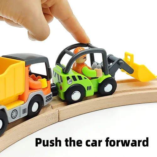 Miniatura 6 de Set de vagones de tren de madera con pista Accesorios para pista de tren con excavadora y camión volquete Vehículos pequeños Vagones de tren
