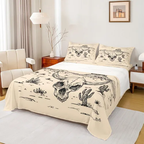Miniatura 5 de jejeloiu Cow Skull Bed Sheets Set Twin Size Kids Longhorn Skull 3 Pieces Sheet with 16 Inch Deep Pockets for Boys Girls Teens Western Desert Bedding