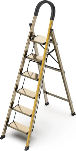 Miniatura 12 de escalera ligera de aluminio, de 6 peldaños, plegable, con peldaños anchos y antideslizante para uso en el hogar y la cocina, ahorra espacio (negro)