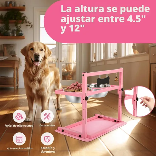 Miniatura 2 de SHAINFUN Soporte elevado para cuenco de perro rosa con dos cuencos de comida de acero inoxidable de 1700ml, comedero de alimentación lenta y Rosa