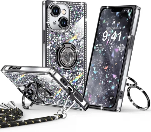XYZ Funda para iPhone 13, con purpurina brillante con soporte de corazón de 2 anillos y cordón, funda protectora a prueba de golpes con diamantes de