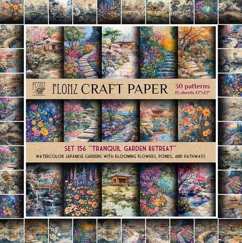 FLONZ Papel de álbum de recortes (30 patrones de 12 x 12 pulgadas) Tranquil Garden Retreat ~ Paisajes de jardín japonés de acuarela con flores,