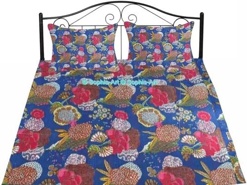 Miniatura 37 de Sophia-Art Colcha reversible de frutas indias para cama individual/king con patrón Gudri de algodón puro estilo Kantha, colcha decorativa con Rosa