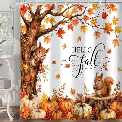 Miniatura 11 de Autumn Pumpkin Shower Curtain, Fall Farmhouse Bathroom Curtain, Thanksgiving Harvest Sunflower Maple Leaves Country Road Waterproof Polyester Fabric