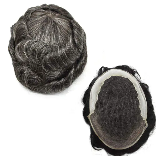 Miniatura 19 de Peluca de repuesto de cabello natural de poliuretano con encaje frontal para hombre (7x9 pulgadas, densidad de luz, 1B40# negro natural con 40% gris)