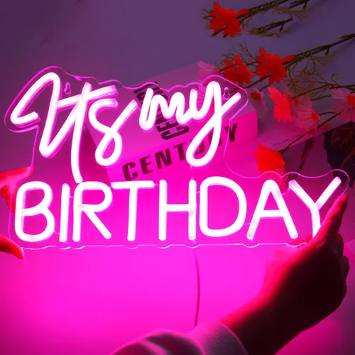 Miniatura 4 de Planzo Letrero de luz LED de neón con texto en inglés "It's My Birthday", letrero de pared para decoración de ventana, letrero USB para dormitorio