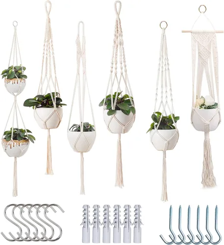 Miniatura 14 de Feedee Ganchos de macramé para plantas, paquete de 6, color negro, interior/exterior, algodón