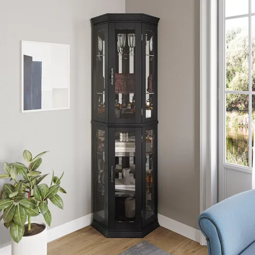 Miniatura 9 de BELLEZE Vitrina Curio con iluminación de 3 lados, puerta de vidrio templado y estantes, gabinete de esquina de madera con bombilla, estante Roble