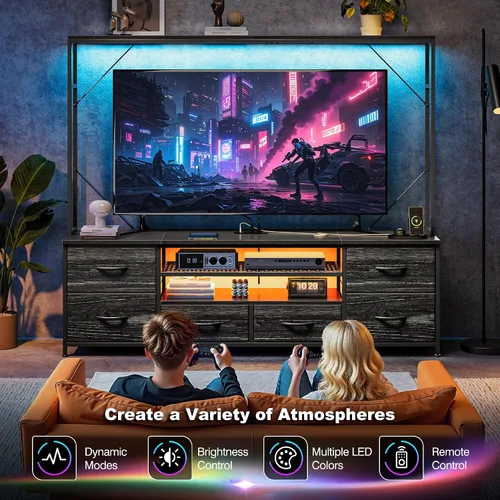 Miniatura 4 de Romorgniz Centro de entretenimiento de 55 pulgadas de ancho con luces LED y tomas de corriente, soporte de TV con 6 cajones para TV de 55/60 Negro