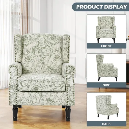 Miniatura 5 de Silla de Acento de Respaldo Alto, Sillón Tapizado en Tela para Sala de Estar, Sillón Wingback con Estampado Floral con Patas de Madera Maciza, Sofá