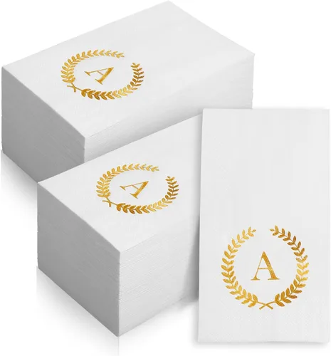 Miniatura 9 de Paquete de 200 servilletas desechables con monograma de lámina dorada con letra T, servilletas de mano desechables con inicial, para boda
