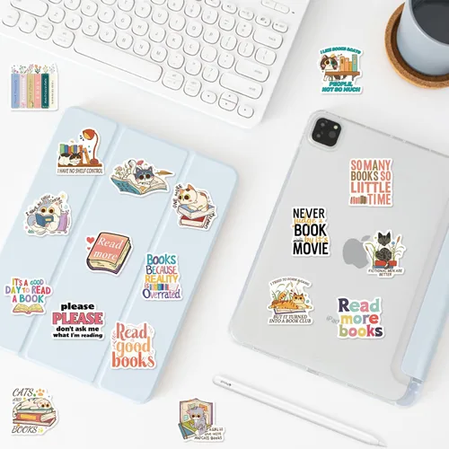Miniatura 4 de 60 piezas de calcomanías de gatos y libros - Lindas calcomanías de vinilo impermeables de gatitos para amantes de los libros, lectores, álbumes