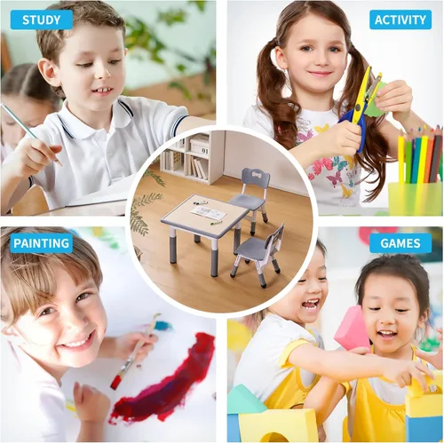 Miniatura 4 de UNICOO - Juego de mesa y sillas de estudio de tres piezas para niños de 23 x 23 pulgadas, escritorio artístico de plástico para niños de altura Tapa