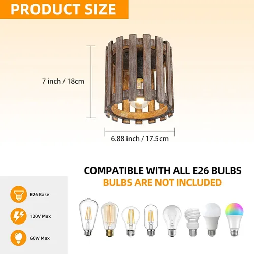 Miniatura 3 de Lámpara de techo de montaje empotrado de granja, lámpara de madera cerca del techo, accesorios de iluminación rústicos de pasillo para cocina