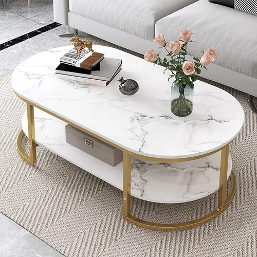Mesa auxiliar moderna de mármol sintético, mesa de centro ovalada, mesa de centro de madera con almacenamiento abierto, mesa auxiliar minimalista