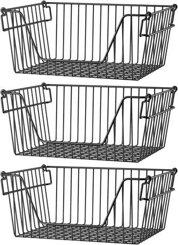 Miniatura 5 de SANNO Cestas apilables de alambre negras apilables para almacenamiento de verduras, despensa, refrigerador y organización de baño, paquete de 3