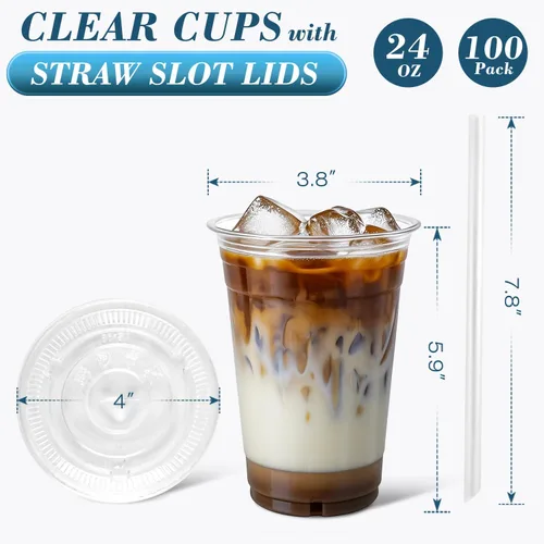 Miniatura 2 de Ginkgo Paquete de 100 vasos de plástico transparente de 24 onzas con tapas y pajitas, tazas desechables para café helado para batidos, limonada
