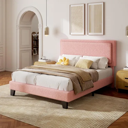 Miniatura 11 de Armazón de Cama Tamaño Completo con Cabecera Ajustable, Cama Plataforma Boucle Cloud con Listones de Madera, Base para Colchón, No Necesita Somier