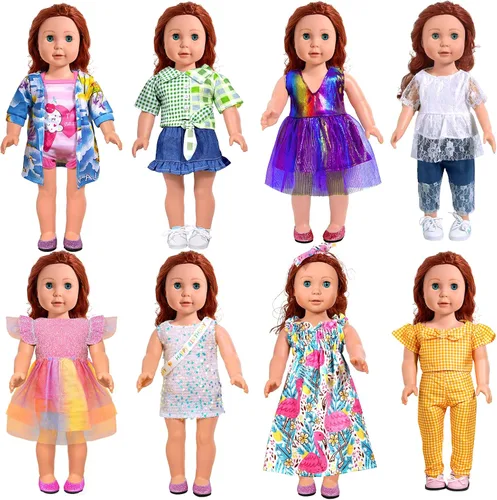 Miniatura 8 de WONDOLL Ropa de muñeca americana de 18 pulgadas, 8 juegos de ropa y accesorios para muñecas de 18 pulgadas, juguetes de vestir para niñas y niños