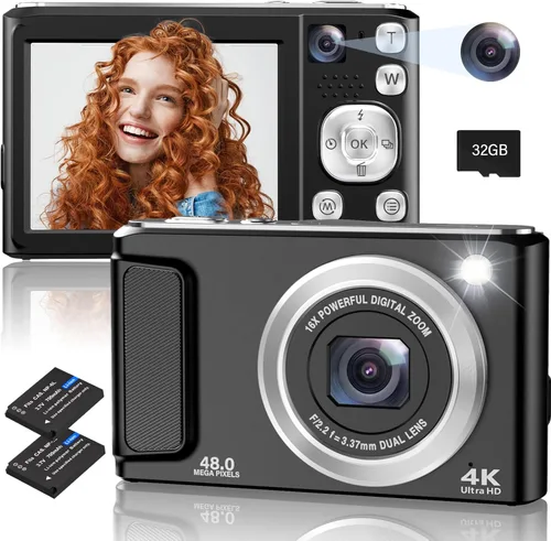 Cámara digital 4K, cámaras de enfoque automático de 48 MP para fotografía, cámara compacta de vlogging con cámara frontal y trasera, cámaras de Negro