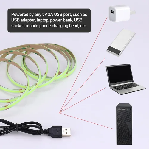Miniatura 5 de DC 5V USB COB Tira de luz LED verde regulable IP65 resistente al agua alimentada por USB 6.6 pies/2M 640LEDs con regulador de brillo alto cinta