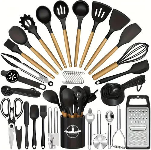 Juego de utensilios de cocina, juego de 44 utensilios de cocina de silicona para utensilios de cocina antiadherentes, juego de espátulas de silicona