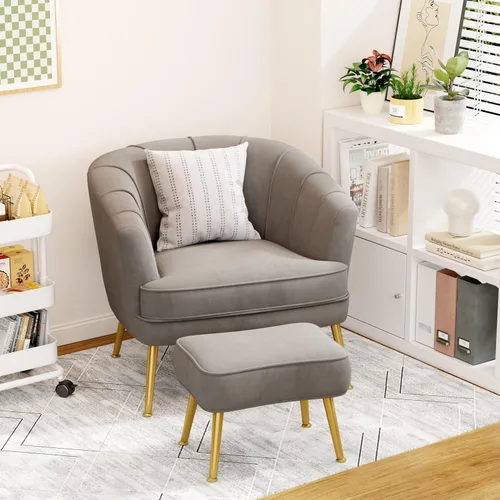 Miniatura 4 de Sillas decorativas de terciopelo con otomana para sala de estar, dormitorio, oficina, ocio, tapizadas, sofá individual, silla con brazo, cómoda Gris
