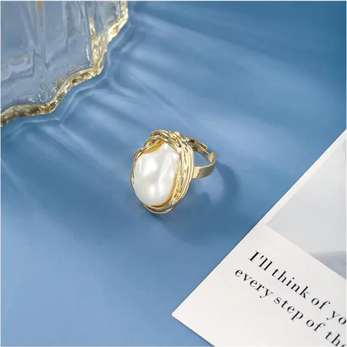 Miniatura 6 de NORLSO Anillo de perlas barrocas delicado, anillo geométrico de perlas irregulares, anillo abierto ajustable, regalo de boda y cumpleaños