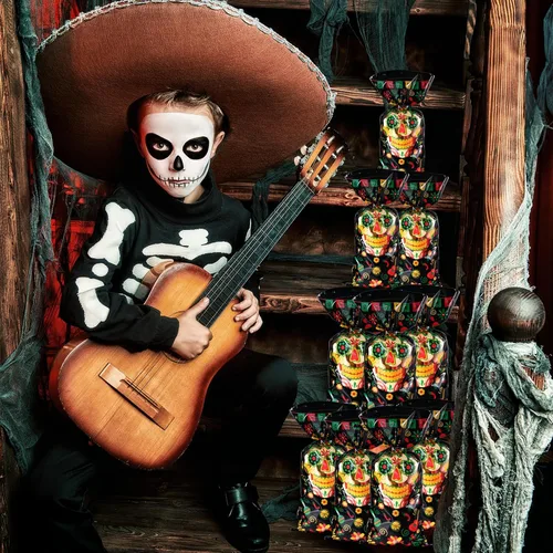 Miniatura 6 de 100 bolsas de regalo del Día de los Muertos, bolsas de plástico de celofán negro con 100 lazos plateados para decoraciones de Halloween, suministros