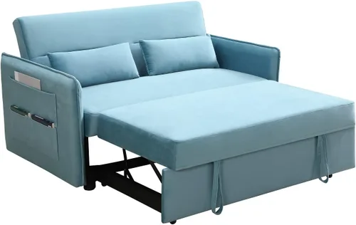 Miniatura 2 de Merax Sofá cama convertible moderno con 2 bolsillos laterales, sofá biplaza de tela con cama extraíble, 2 almohadas y respaldo ajustable para sala