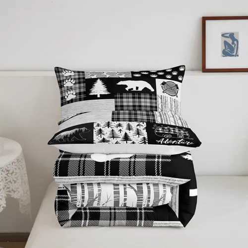 Miniatura 180 de Juego de edredón de cuernos de ciervo tamaño individual, juego de ropa de cama rústica de granja con huellas de oso y pinos para decoración
