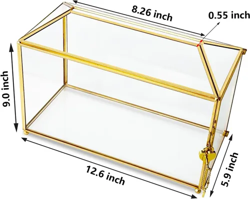 Miniatura 4 de Caja de tarjeta de cristal dorada de 12.6 pulgadas, caja grande para tarjetas de boda con cerradura y ranura para recepción, cajas decorativas