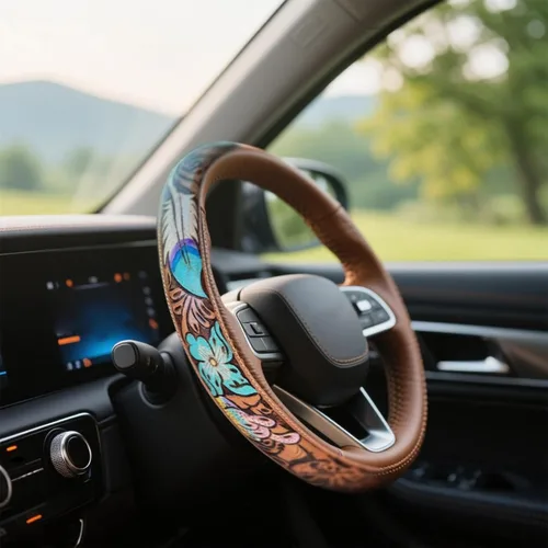 Funda para volante de automóvil occidental de cuero troquelado estilo retro vaquero, accesorio universal de 15 pulgadas antideslizante para SUV,
