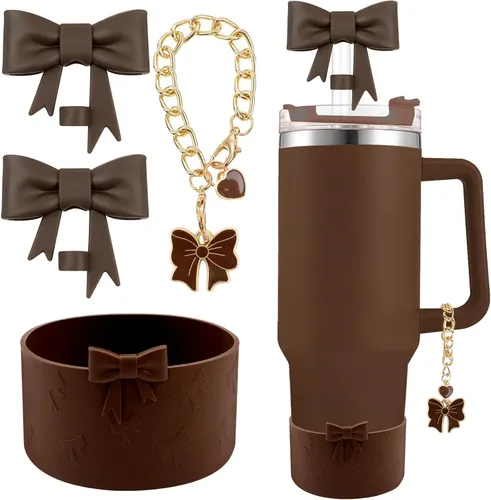 Miniatura 25 de Conjunto de accesorios para taza Hpebl para Stanley, incluye 2 tapas de pajita con moño lindo de 10 mm, tapones reutilizables para pajita, 1 funda