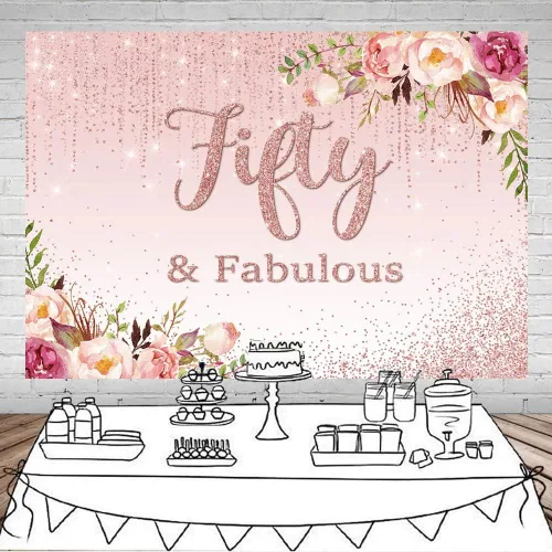 Miniatura 2 de Mocsicka Fifty Fabulous - Telón de fondo floral con puntos dorados para fotografía de cumpleaños 50 para mujeres, de vinilo, para retratos, cabina